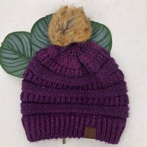 C.C Exclusives Purple Tan Metallic Cable Knit Faux Fur Pom One Size Beanie Hat